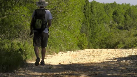 Man-with-camera-on-hiking-trail,-stops-to-take-photo