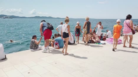 Zadar-waterfront-with-sea-organs,-a-popular-tourist-landmark-in-Croatia