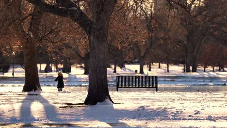 Small-kid-playing-with-snow-in-park-against-a-background-of-warm-light