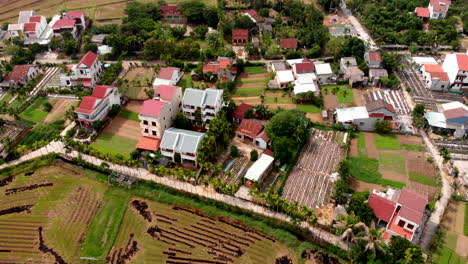 Casas-De-Agricultores-Rurales-Y-Campos-De-Arroz-En-Da-Nang-Vietnam,-Antena-Ascendente
