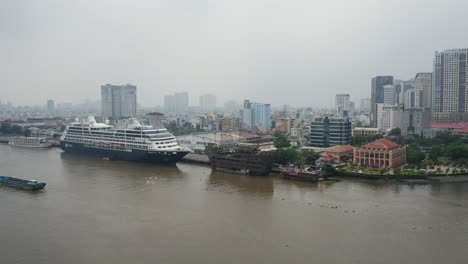 aerial-view-of-Saigon-River-waterfront-area-of-Ho-Chi-Minh-City,-Vietnam