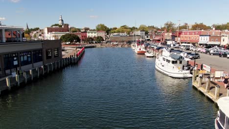 Aerial,-boat-captain-POV-entering-Ego-Alley-revealing-historic-Annapolis-city