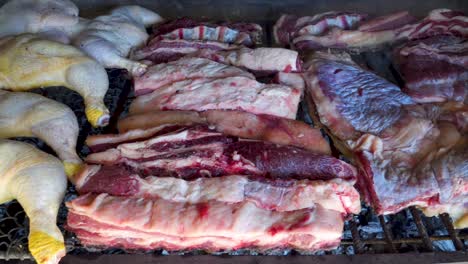 Raw-chicken-and-beef-meat-cooking-slowly-in-a-traditional-asado,-Argentina