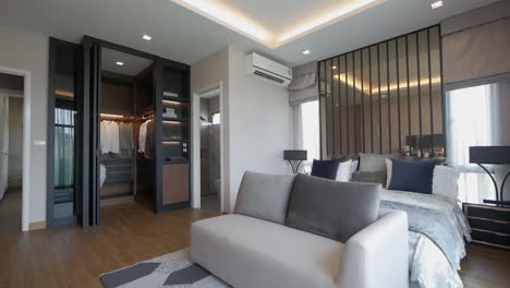 Voll-Möblierte,-Stilvolle-Schlafzimmerdekorationsidee-Mit-Natürlichem-Licht