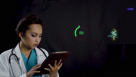 Female-doctor-or-nurse-looks-at-a-patient's-heart-and-health-data-on-a-tablet-with-a-futuristic-display-of-the-data-is-animated-in-the-background