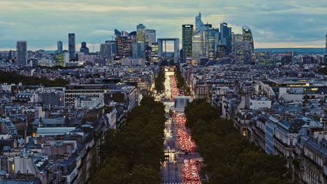 Aerial-view-of-La-Defense,-business-district-in-Paris,-France-at-night