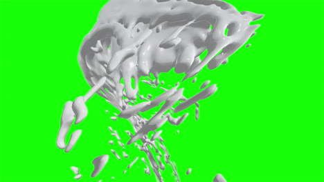 Rotierende-Cremige-Milchgrafik-Explodierendes-3D-Objekt,-Das-Sich-Auf-Grünem-Bildschirm-Dreht