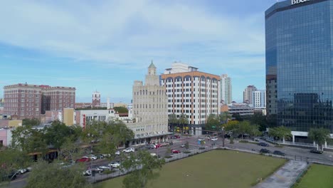 4K-Aerial-Video-of-Snell-Arcade,-Princess-Martha-Hotel,-Kress-Drug-Store-and-BB-T-Bank-Building-in-Downtown-St-Petersburg,-FL