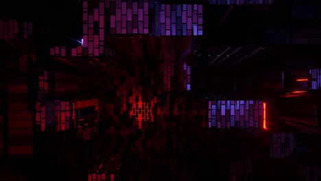VJ-Loop---Falling-Through-a-Glitching-Digital-Environment-With-Purple,-Pink-and-Blue-Light-Glowing-on-Intermittent-Grid-Structures