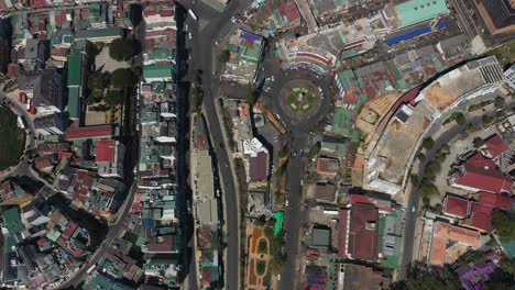 Top-down-drone-shot-of-key-buildings-in-the-city-center-of-Da-Lat-or-Dalat-in-the-Central-Highlands-of-Vietnam-on-sunny-day