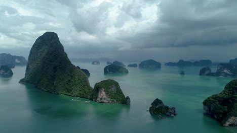 Beautiful-Rocky-Limestone-Islands-Of-Phang-Nga-Thailand-In-A-Cloudy-Morning---Aerial-shot