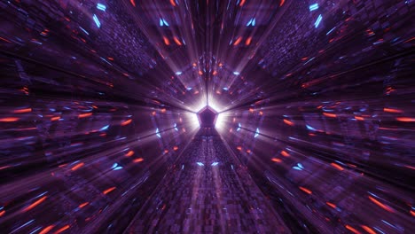 Sinking-into-a-tunnel-towards-a-pentagon-shape-at-the-end,-emitting-purple-blue-lights,-representing-divine-power
