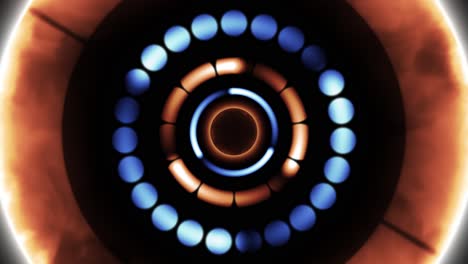 Sich-Drehende-Lichtkreise-In-Elektrischem-Blau-Und-Feuerorange-Für-Einen-Hintergrund-Mit-Science-Fiction-Effekt,-Wobei-Die-Kamera-Aus-Dem-Sich-Drehenden-Kreistunnel-Herausfliegt,-Mit-Einer-Energieverzerrung-In-Der-Mitte-Am-Ende