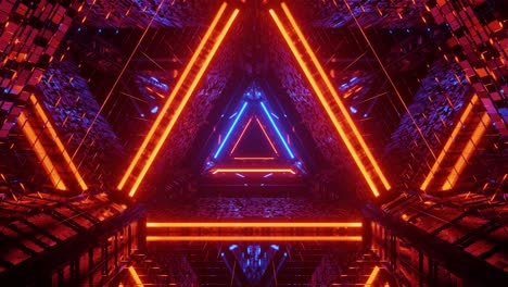 Journey-Forward,-Brilliant-Blue-and-Red-Illuminated-Triangle-Tunnel-3D