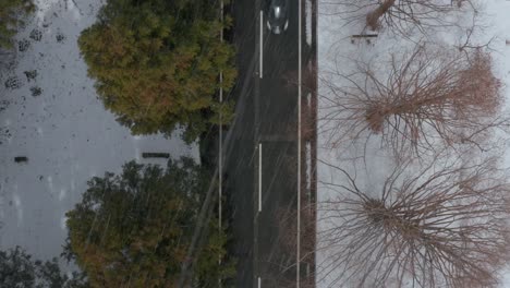 Aerial-view-of-Snowy-road-during-blizzard,-Metasequoia-Namiki,-Japan