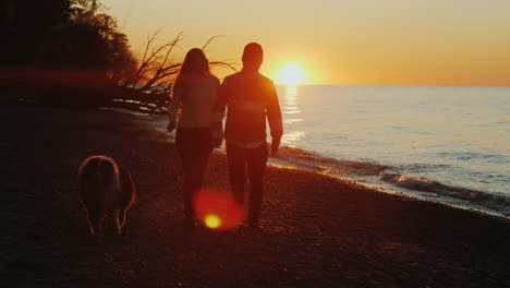 Young-Couple-Walking-a-Dog-at-Sunset