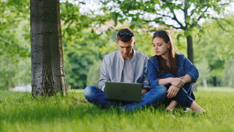 Young-Cute-Couple-Enjoying-A-Laptop-Sitting-On-The-Grass-In-The-Park-Under-A-Tree-Hd-Video