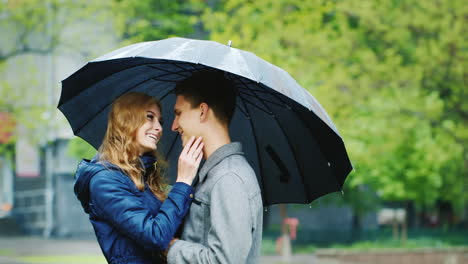 Stylish-Young-Couple-Embracing-Under-An-Umbrella-It's-Raining-Hd-Video
