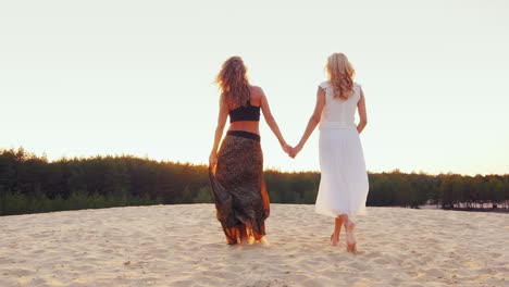Two-Slender-Women-In-Beautiful-Dresses-Go-Through-The-Sand-Into-The-Sunset-Back-View