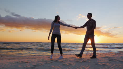 Loving-Couple-Walking-At-Sunset-On-The-Beach-Or-Lake-She-Leads-The-Guy-Flirting-Prores-Hq-10-Bit-Vid
