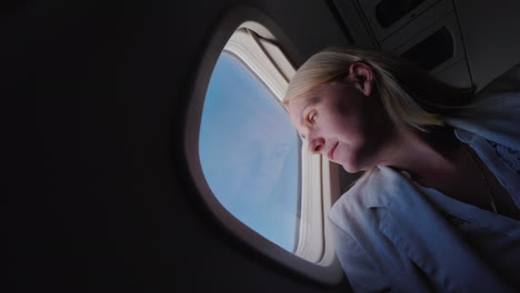 Low-Angle-Viev-Of-Woman-Flying-In-An-Airplane-Looking-Out-The-Window
