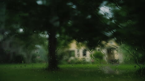 View-Through-The-Wet-Glass-Of-A-Car-In-Heavy-Rain-A-Car-Rides-Along-An-American-Suburb
