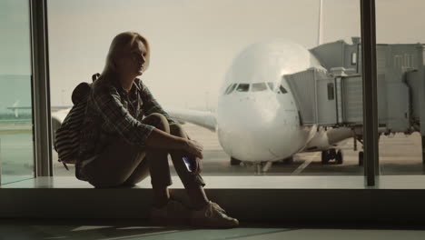 A-Single-Woman-Is-Sitting-On-The-Windowsill-In-The-Airport-Terminal-Amid-A-Huge-Airliner-Loneliness-
