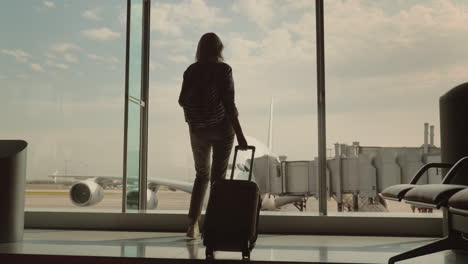 A-Woman-With-Luggage-Goes-To-A-Large-Window-In-The-Airport-Terminal-Outside-The-Window-You-Can-See-A