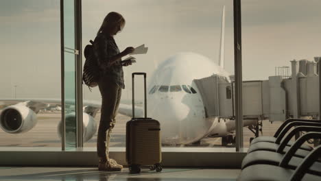 A-Woman-With-A-Passport-And-A-Boarding-Pass-Is-Standing-At-The-Huge-Window-Behind-Which-You-Can-See-