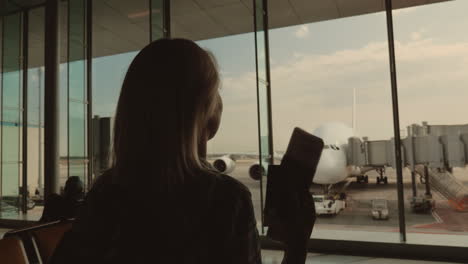 Joyful-Woman-With-Documents-In-Hand-Goes-To-The-Window-Where-You-Can-See-A-Large-Airliner-In-Anticip