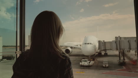 Silhouette-Of-A-Young-Woman-Looking-Through-A-Large-Window-On-An-Airliner