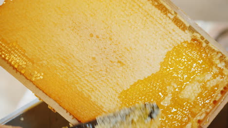 Eine-Nahaufnahme-Eines-Messers-öffnet-Eine-Wabe-Mit-Honig-Auf-Einem-Rahmen-Aus-Bienenstock-Honig-Produktionstechnik