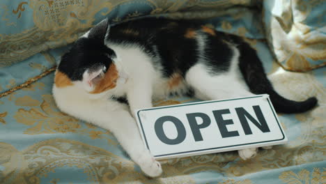 Domestic-Cat-Lies-Near-The-Plate-With-The-Inscription-Open-Startup-New-Business-Concept