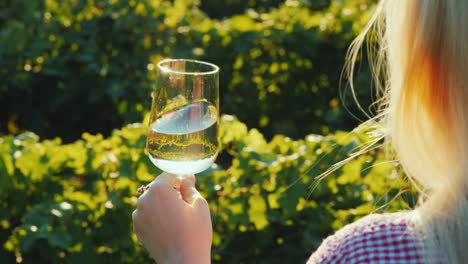 A-Woman-Holds-A-Glass-Of-White-Wine-On-The-Background-Of-A-Vineyard-The-Sun-Beautifully-Illuminates-