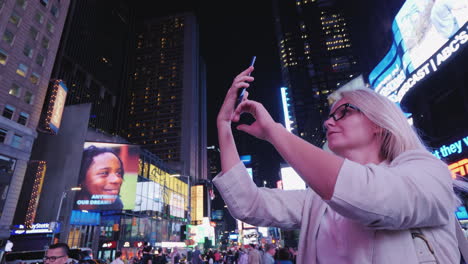 Turista-Toma-Fotos-En-Times-Square-En-Nueva-York,-Turismo-Y-Viajes-En-Los-Estados-Unidos