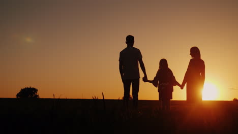 Junge-Familie-Mit-Einem-Kind,-Das-Den-Sonnenuntergang-Auf-Dem-Feld-Bewundert,-Das-Händchen-Hält-4k-Video