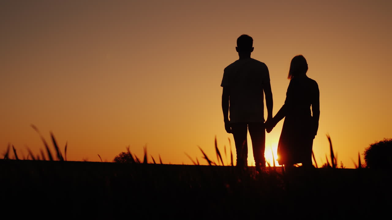 Premium stock video - Silhouettes of a romantic young couple holding ...
