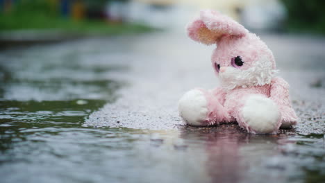A-Wet-Toy-Hare-Becomes-Wet-Under-The-Rain-Sits-Alone-On-The-Cold-Asphalt-4K-Video