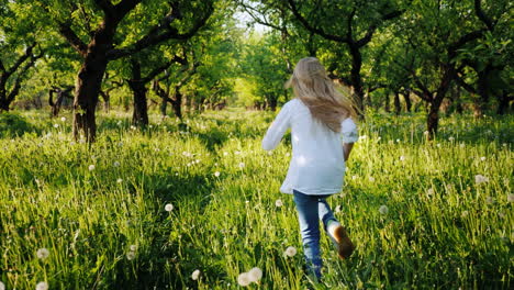 Carefree-Blonde-Girl-Runs-Through-The-Old-Apple-Orchard
