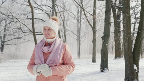 Una-Mujer-Con-Una-Chaqueta-Rosa-Camina-En-Un-Parque-De-Invierno-Está-Nevando-Un-Hermoso-Día-Claro-4k-En-Cámara-Lenta-Vi