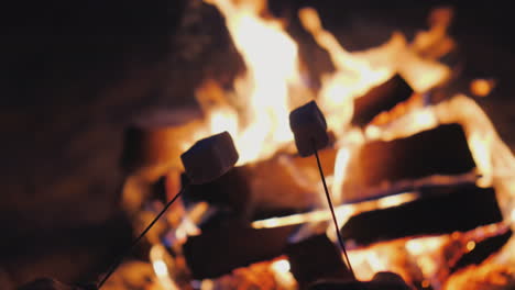 Marshmallow-über-Einem-Feuer-Braten-Nahaufnahme-Im-Rahmen-Sieht-Man-Nur-Sticks-Mit-Marshmallows
