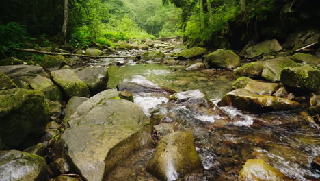 Ein-Schöner-Bergfluss-Oder-Bach-Fließt-Durch-Den-Wald-Das-Wasser-Kocht-Auf-Großen-Steinen-Ecolog