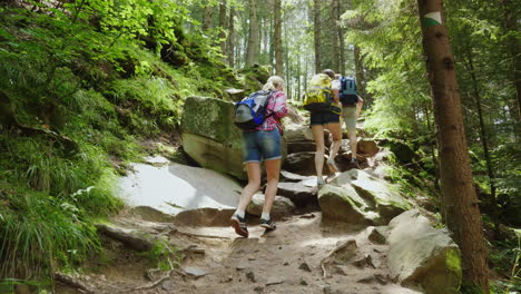 Three-Tourists-With-Backpacks-Climb-Up-A-Steep-Rocky-Path-In-The-Forest-Adventure-And-Active-Lifesty