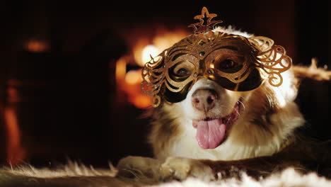 Ein-Hund-In-Einer-Karnevalsmaske-Liegt-Am-Kamin
