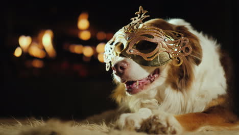 Ein-Hund-In-Einer-Karnevalsmaske-Liegt-Am-Kaminurlaubsthema-Mit-Haustieren