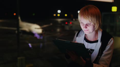 Pretty-Woman-Enjoys-The-Tablet-At-The-Airport