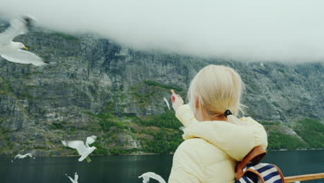A-Woman-Feeds-Gullible-Seagulls-Cruise-On-The-Fjords-Of-Norway-4k-Video