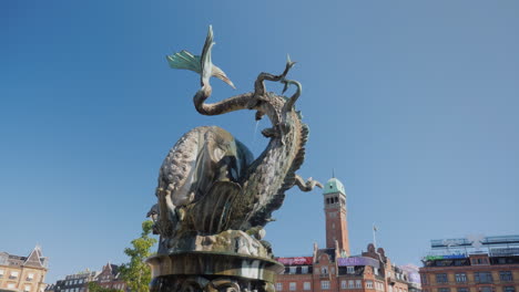 Fountain-Bull-Tears-A-Dragon-In-The-Center-Of-Copenhagen-Near-The-Town-Hall-4k-Video