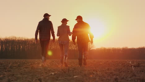 A-Team-Of-Young-Successful-Farmers-Walks-Across-The-Field-At-Sunset