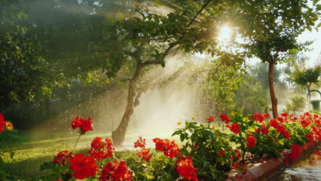 Die-Sonnenstrahlen-Erhellen-Einen-Kleinen-Garten-Mit-Obstbäumen-Und-Blumen,-In-Dem-Das-Bewässerungssystem
